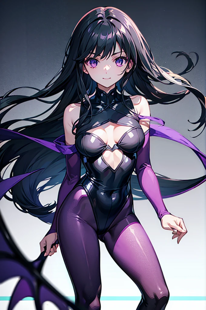 Highest quality　Highest quality　Draw a face carefully　High-definition anime-style face　Super Glowing Skin　Long black hair　Black leotard　Purple pantyhose　Succubus　lure　smile　sit