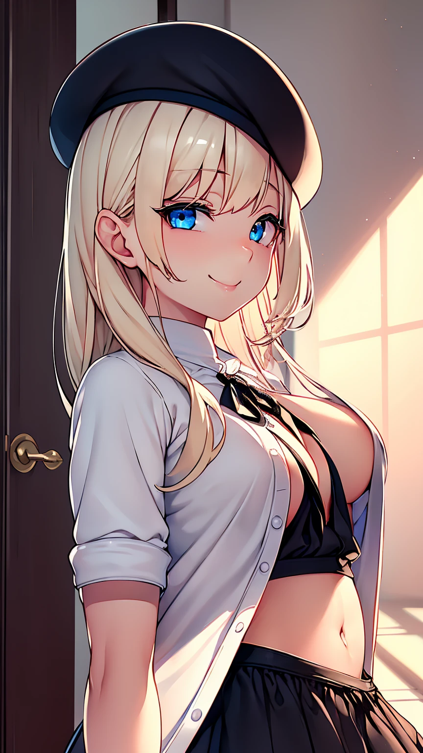 Highest quality,masterpiece,masterpiece portrait,Upper Body,　Blonde、Blue Eyes、Pink lips、、White shirt、Black Ribbon、Sexy atmosphere、cartoonist、(((Slightly )))、Wearing a beret、smile、Anime Style、Beauty、Her background is monochrome black、(((Front view)))、looking at the camera、Looking up,oil