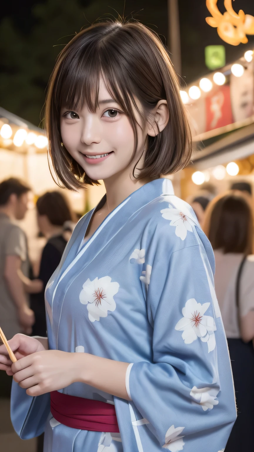 closeup shot , Best picture quality (8K, high resolution, Masterpiece: 1.2), super detailed,  215 Short Hair, 16-year-old woman, 

A scene where you can stroll around the stalls at a fireworks festival: While strolling around the stalls at the fireworks festival、Enjoying food and souvenirs。
clothing: Traditional Japanese patterned yukata、band、can。Holding a fan and a small bag。
angle: With a lively venue lined with stalls in the background、Photographing a yukata from a wide angle。Scenes of people buying yakisoba and shaved ice,、Close-up of friends having fun。Reflecting the festival atmosphere and the beauty of yukata。

Close-up of face 

, random cute pose ,big eyes ,Puffy eyes ,  Heart Pupil, blush  , huge shy smile , salute
