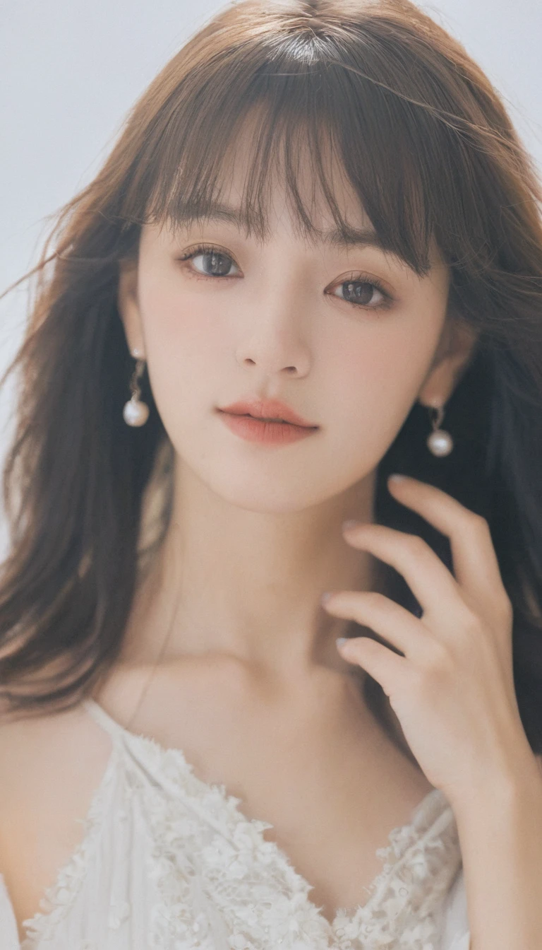 xxmixgirl, Analog Style, Eye focus, Highest quality, (Very detailed skin), Exquisitely beautiful white skin photos, 21 years old, Perfect Face, Captivating eyes, (Seductive makeup: 1.3), Skin pores, (Bokeh:1.5), Sharp focus, Dappled Lighting, (Backlight), White Fashion、Film Grain, (Very detailed, Exquisitely crafted), 8K, High resolution, Front view, Studio Light, Very detailed顔, Fine grain, (double eyelid: 1.4), Aristogle, Brown eyes, (commercial: 1.6), Medium length hair swaying in the wind, Beautiful brown hair,、bangs、 (Seductive makeup), ((White studio background: 2))