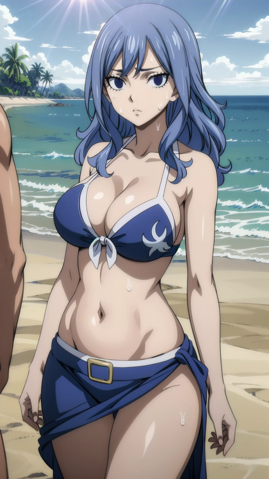 masterpiece, absurdres , (intricate details), (colorful),cinematic lighting,bust shot,extremely detailed CG unity 8k wallpaper, juviagmg, 1girl,looking at the viewer, blue theme, blue background, cloudy sky, sunlight, sweat, , bikini swimsuit, large breasts, cleavage, belly button , collarbone, thighs, sea and beach,