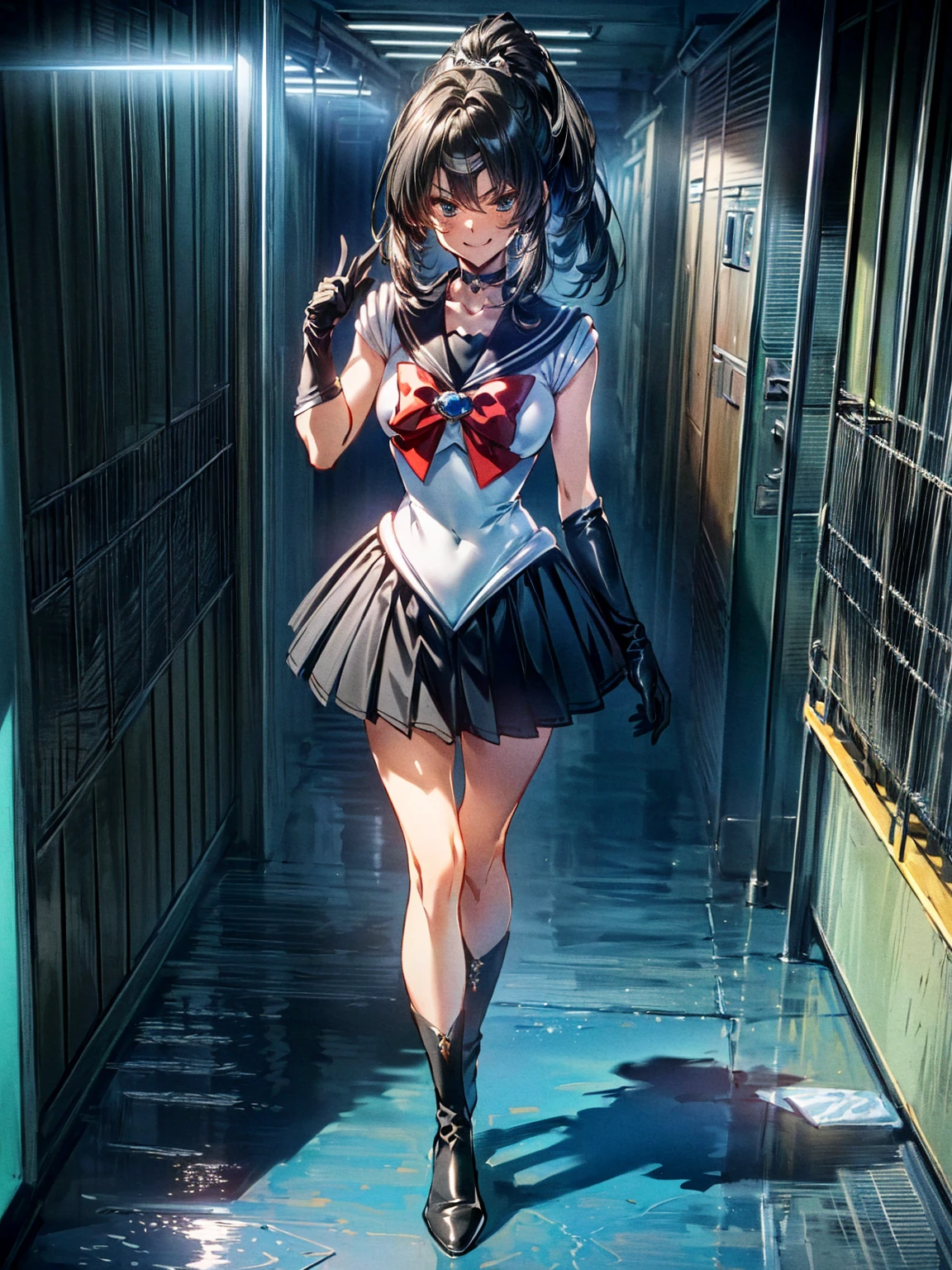 Perfect ,(8K, Highest quality, masterpiece:1.2),\(Beautiful Eyes\),\( Features\),(\(Costume details Details\)\),(Big Lesbians , Super Skirt,Sailor Moon Costume,(Face Focus) ,Very detailedな CG Unity 8K 壁紙,Large file size,Very detailed,High resolution,Absurd,Beautiful Eyes,Ray Tracing,Dramatic Shadows,Down to the last detail,elevation,Hyper Detail,(alone),Anime Style、Very long straight hair、Black Hair、Black sailor collar、Black Absolute Short Mini Scarbow Gloves、(In the research evil facility:1.3),(full body:1.5),(evil smile:1.5),