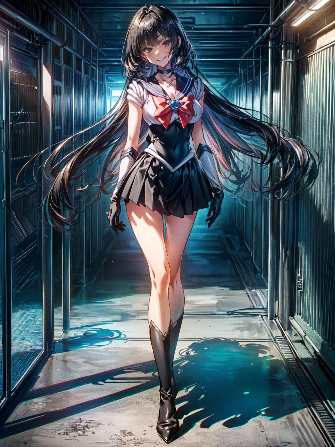 Perfect Anatomy,(8K, Highest quality, masterpiece:1.2),\(Beautiful Eyes\),\(Facial Features\),(\(Costume details Details\)\),(Big Lesbians , Super Skirt,Sailor Moon Costume,(Face Focus) ,Very detailedな CG Unity 8K 壁紙,Large file size,Very detailed,High resolution,Absurd,Beautiful Eyes,Ray Tracing,Dramatic Shadows,Down to the last detail,elevation,Hyper Detail,(alone),Anime Style、Very long straight hair、Black Hair、Black sailor collar、Black Absolute Short Mini Scarbow Gloves、(In the research evil facility:1.3),(full body:1.5),(evil smile:1.5),