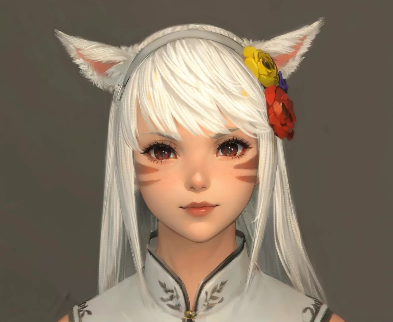 Catgirl, white hair, red lips, (((cat eye pupil))), two horizontal face clan marks, studio rim lighting, gentle smile, (((kawaiii sparkles))), realistic beautiful flower head decoration