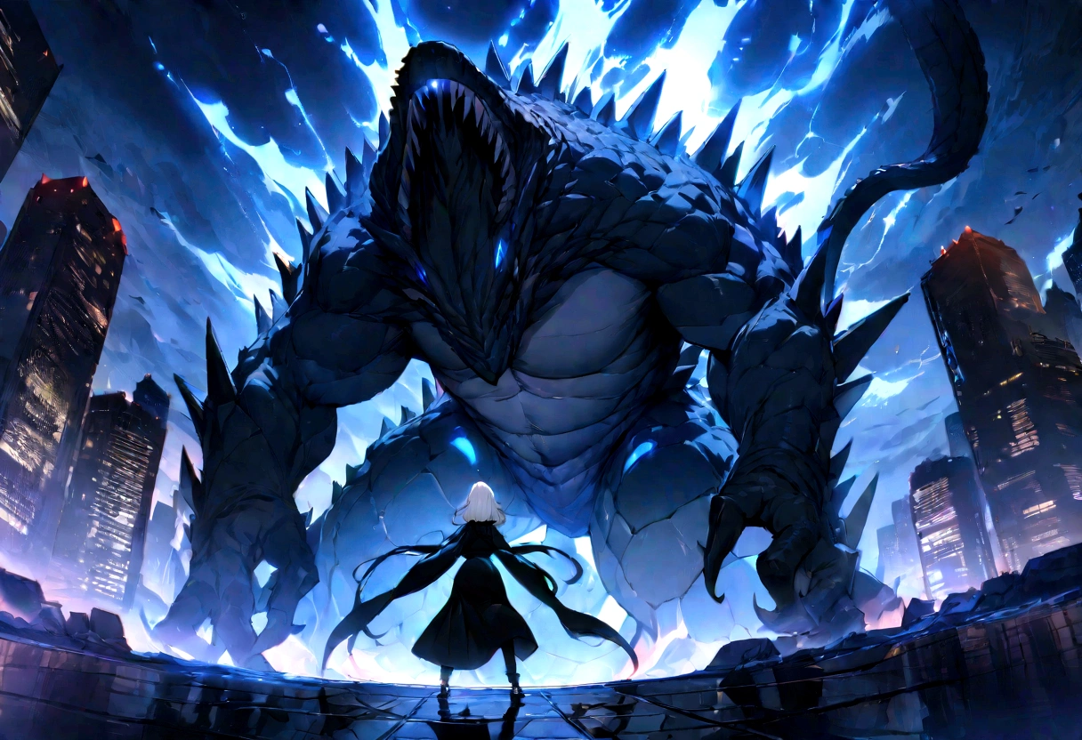 ((masterpiece, Highest quality, Best image quality, High resolution))Giant crocodile-like monster、Giant Griffon、 Human in a black robe、Beautiful white hair、 Glowing blue eyes and advanced cybernetic enhancements. Giant crocodile demon seen in dynamic action poses, Neon-lit rooftop, reflection on a smooth surface. The cityscape below is filled with towering skyscrapers., Shining with blue energy, Mighty power. The overall atmosphere is dark and mysterious., It had a futuristic techno vibe.. The lighting is dramatic, Intense highlights and deep shadows, Creates depth and tension. Color Palette