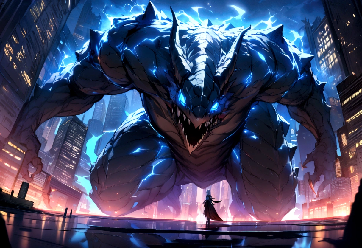 ((masterpiece, Highest quality, Best image quality, High resolution))Giant crocodile-like monster、Giant Griffon、 Human in a black robe、Beautiful white hair、 Glowing blue eyes and advanced cybernetic enhancements. Giant crocodile demon seen in dynamic action poses, Neon-lit rooftop, reflection on a smooth surface. The cityscape below is filled with towering skyscrapers., Shining with blue energy, Mighty power. The overall atmosphere is dark and mysterious., It had a futuristic techno vibe.. The lighting is dramatic, Intense highlights and deep shadows, Creates depth and tension. Color Palette