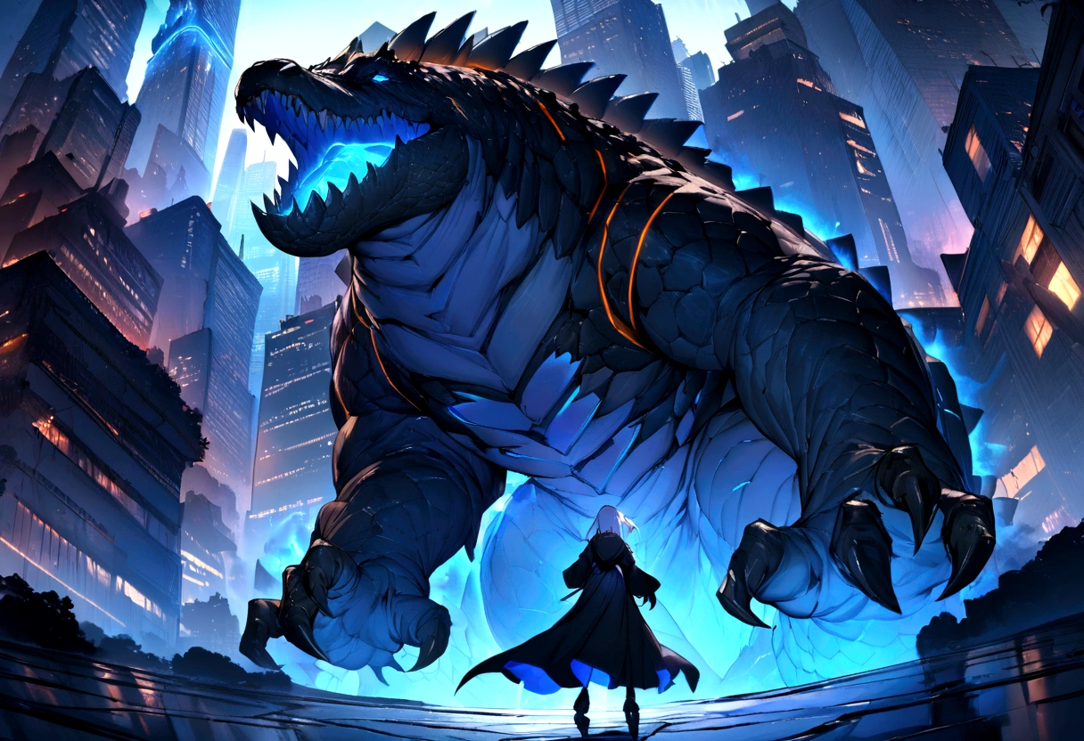 ((masterpiece, Highest quality, Best image quality, High resolution))Giant crocodile-like monster、Giant Griffon、 Human in a black robe、Beautiful white hair、 Glowing blue eyes and advanced cybernetic enhancements. Giant crocodile demon seen in dynamic action poses, Neon-lit rooftop, reflection on a smooth surface. The cityscape below is filled with towering skyscrapers., Shining with blue energy, Mighty power. The overall atmosphere is dark and mysterious., It had a futuristic techno vibe.. The lighting is dramatic, Intense highlights and deep shadows, Creates depth and tension. Color Palette
