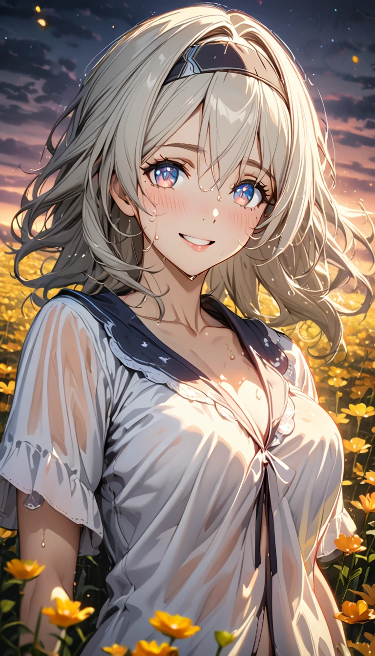 beautiful girl, long grey hair, beautiful face,smiling,close up to hips, beautiful breast, in the middle of flowers field, (open mouth:0.4),illustration,detailed textures(realists),ultra-detailed,portrait style,vivid colors,soft lighting, blushing, mature, hair fluttering, evening light , head band, half body, looking at viewer, cleavages, wearing beautiful night  sleepwear, no bra, perky, sweaty, wet clothes