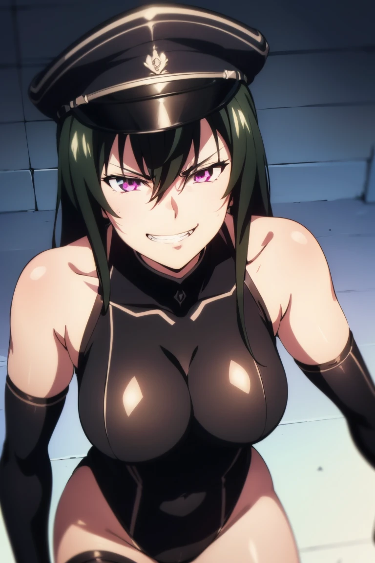 teenage girl, 16 years old, (((grinning lasciviously))), seductive anime girl, (((nefarious smirk))), [[[[grinning evily]]]], beautiful, masterpiece, ultra detailed, extremely detailed, ultra high res, 8k, beautiful detailed face, anime screencap, heart shaped face woman, (black hair:1.2), long hair, hair between eyes, ?????????????, fearless face, sharp face, slant eyes, cat eyes, 170cm tall, adult, perfect proportion, (((black high-leg leotard))), (((dare shoulder))), cleavage, (((thigh boots))), choker, (((military cap))), anime style, ultra detailed beautiful face and eyes, front view, raw phot, incredibly absurdres, Beautiful portrait of cute anime girls, super fine illustration, full-hd, hdr, best aesthetic, distinct, exquisite, masterwork, by famous artist, highers, (((perfect ???????))), mocking, (((???? face))), (((evil grin))), intense eyes, sadistic, gleaming skin, oil skin, slut face, full-face blush, smirking, mischievous grin, furrowed mouth, both legs, pouty lips, downturned corners, rosy hue, grin widely, cheeky smirk, (((bad-tempered glare))), gloating, crazy smile, scary face, cruel smile, fang, connected teeth,, (((elbow gloves))), (((big connected teeth)), glare, grimace, smirk, (((scowling face))), smile broadly, symmetrical eyes, even eyes, perfect eyes, (((squinting eyes))), deep detailed eyes, shiny clothes, 1girl, solo, smug, smile grimly, (((dimpled smile))), pink eyes, (((upper body shot))), (((laugh))), (((pleasure face))), (((brutality face))), (((scary face))), (((empty eyes))), anime best girl, [[[[grinning evily]]]], anime moe artstyle, looking at viewer,　standing,　clenched teeth,　turtleneck, ?????? hold,　from above, leaning forward, depth of field,　shiny clothes, covered collarbone, adult face, perfect hands, perfect fingers, perfect face, cowboy shot, 