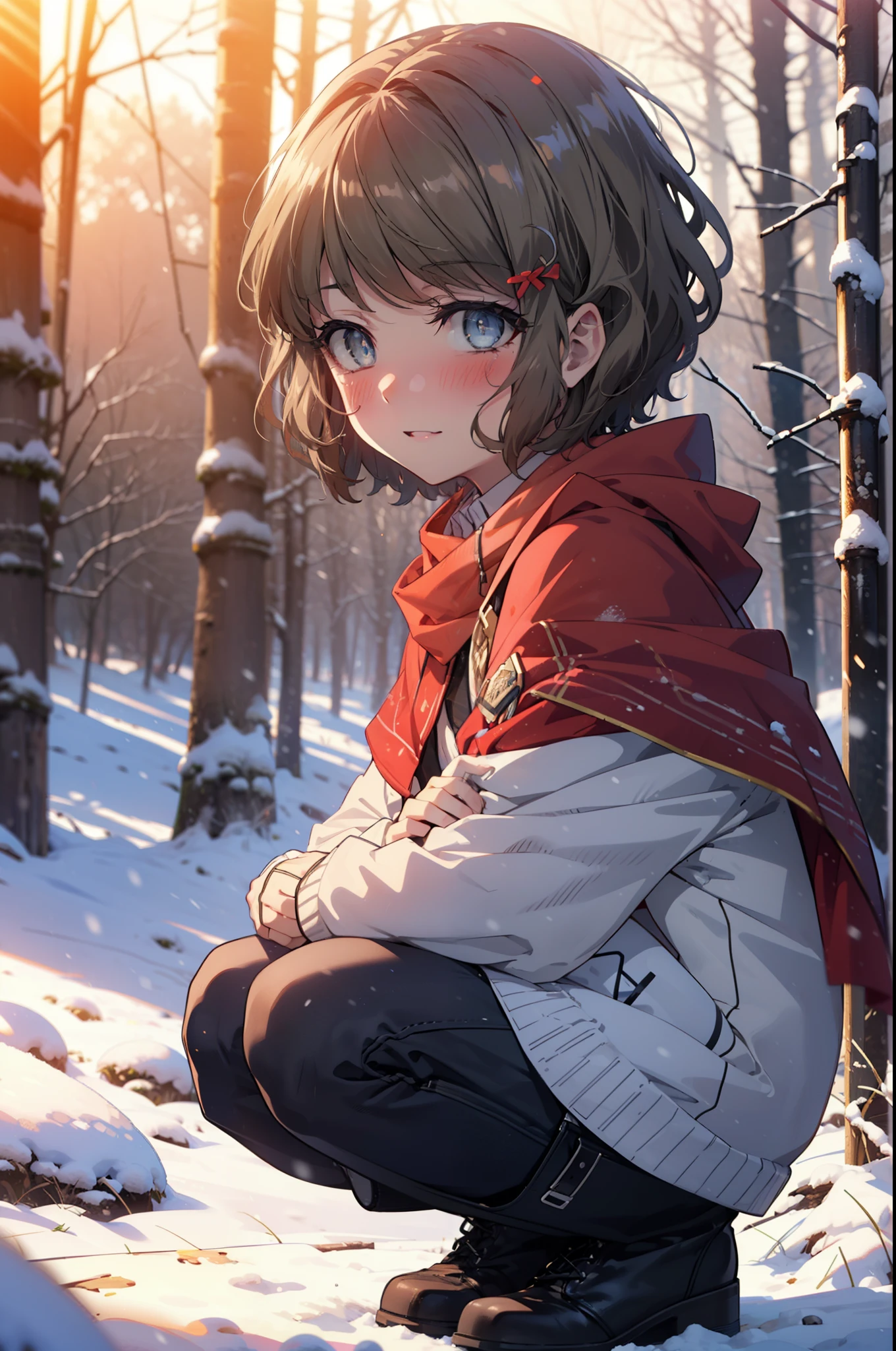tomoekoga, Chie Koga, short hair, Brown Hair, blue eyes, hair band,smile,blush,White Breath,Medium Chest,
Open your mouth,snow,Ground bonfire, Outdoor, boots, snowing, From the side, wood, suitcase, Cape, Blurred, having meal, forest, White handbag, nature, Squat, Mouth closed, Cape, winter, Written boundary depth, Black shoes, red Cape break looking at viewer, Upper Body, whole body, break Outdoor, forest, nature, break (masterpiece:1.2), Highest quality, High resolution, unity 8k wallpaper, (shape:0.8), (Beautiful and beautiful eyes:1.6), Highly detailed face, Perfect lighting, Highly detailed CG, (Perfect hands, Perfect Anatomy),