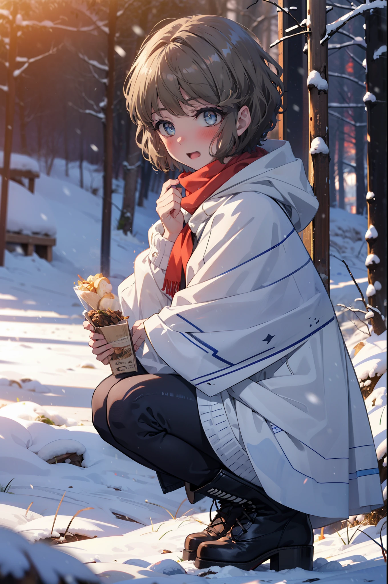 tomoekoga, Chie Koga, short hair, Brown Hair, blue eyes, hair band,smile,blush,White Breath,Medium Chest,
Open your mouth,snow,Ground bonfire, Outdoor, boots, snowing, From the side, wood, suitcase, Cape, Blurred, having meal, forest, White handbag, nature, Squat, Mouth closed, Cape, winter, Written boundary depth, Black shoes, red Cape break looking at viewer, Upper Body, whole body, break Outdoor, forest, nature, break (masterpiece:1.2), Highest quality, High resolution, unity 8k wallpaper, (shape:0.8), (Beautiful and beautiful eyes:1.6), Highly detailed face, Perfect lighting, Highly detailed CG, (Perfect hands, Perfect Anatomy),