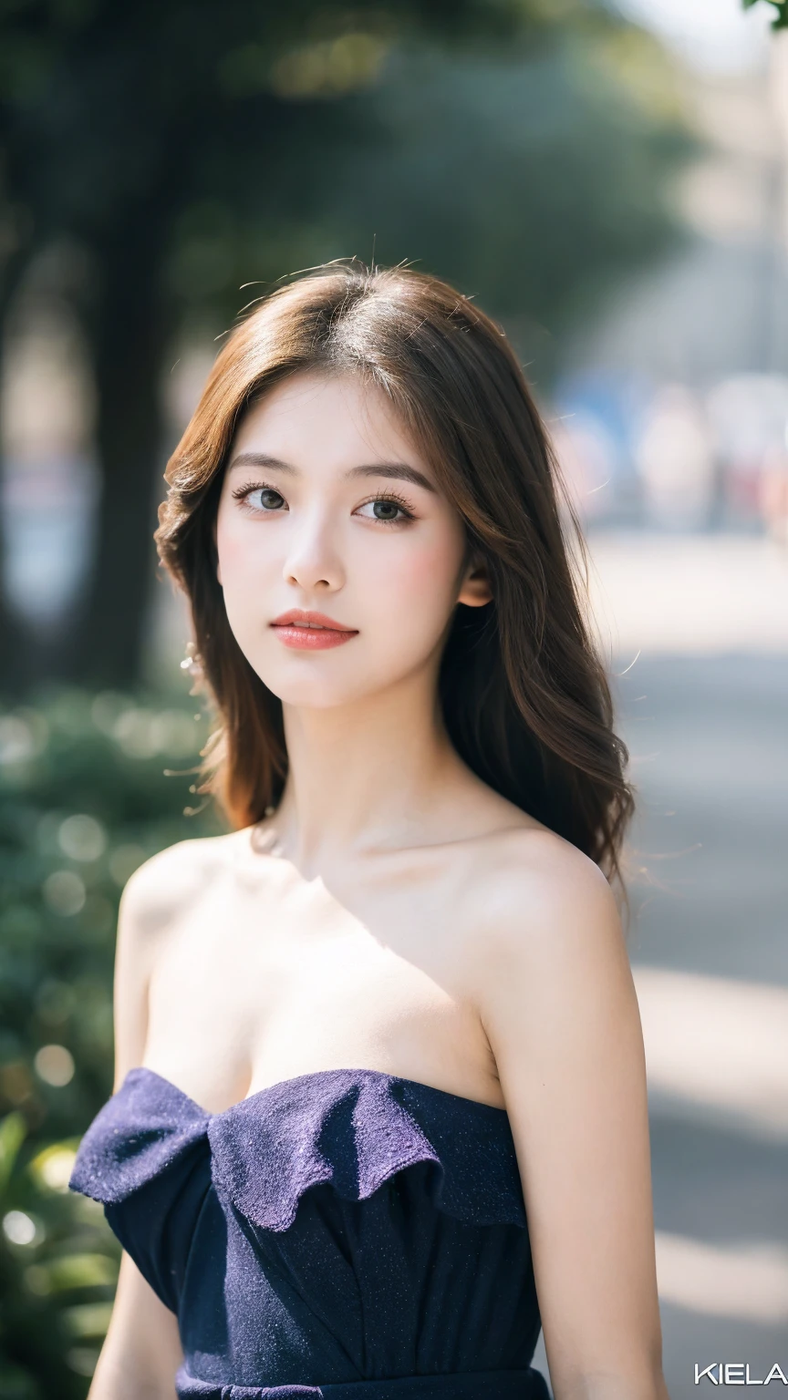 ((Best quality, 8K, masterpiece:1.3)),1girl,18 years old,Asian,Real texture:1.3,(Background blur:1.1),Gorgeous long dress,Tall and slender figure:1.2,(Hot summer weather),(street:1.3),Highly detailed face and skin textures,Exquisite eyes,Long eyelashes,Double eyelids,Skin Whitening,happy,Various postures,Big breasts