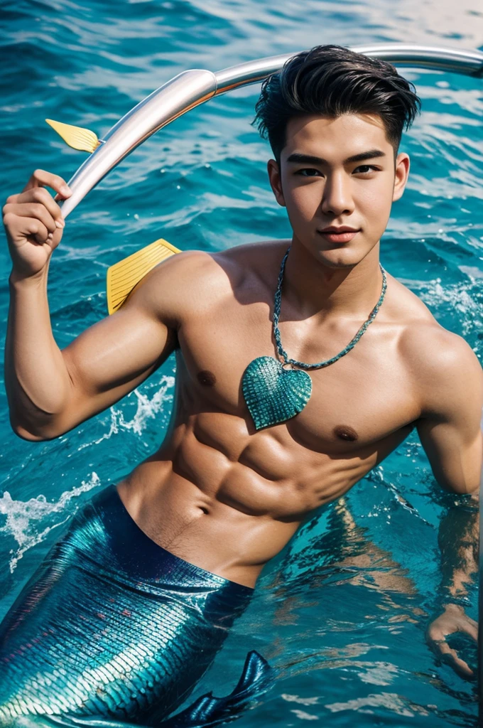 Hyperialistic mermaid boy with the name tag of Kim