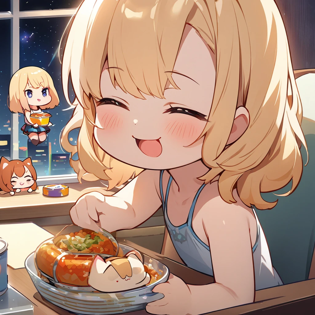 masterpiece、Highest quality、Depth of subject、２D illustration、1 beautiful girl、独奏, (((chibi style)))、((night)), ((window)), ((starry sky)), Long, beautiful hair、shiny blonde hair、cute、Beautifully detailed eyes、((Tank top))、a cute sleeping kitten on chair, ((colorful))、mini skirt、((happy smile))、((Canned Chuhai)), ((close up shot))、((eating dinner)), ((in the room))、((There&#39;s a lot of pink around))、Thighs、((vivid color))、sparkle、((Lens flare))、