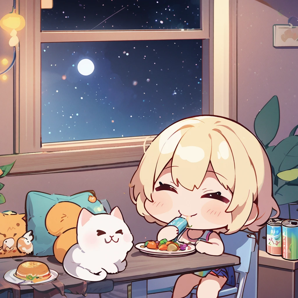 masterpiece、Highest quality、Depth of subject、2D illustration、1 beautiful girl、独奏, (((chibi style)))、((night)), ((window)), ((starry sky)), Long, beautiful hair、shiny blonde hair、cute、Beautifully detailed eyes、((Tank top))、a cute sleeping kitten on chair, ((colorful))、mini skirt、((happy smile))、((Canned Chuhai)), ((close up shot))、((eating dinner)), ((in the room))、((There's a lot of pink around))、Thighs、((vivid color))、sparkle、((Lens flare))、