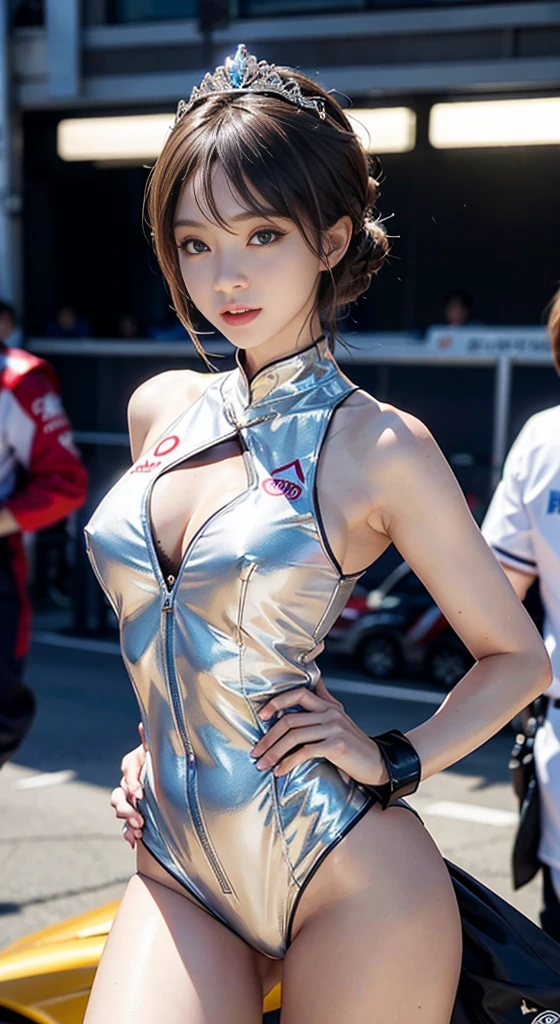 {8K photo quality:1.2}、{ultra-high resolution photo quality:1.2}、{Ultra-realistic1.2}、{perfect limb}、{japaneasterpiece、、1femele、solo、Wearing a silver race-queen costume with many sponsors logo、her suits with a lot of sponsors logo、{Being in the pits of a car race}、she is race-queen、Dynamic sexy poses、ssmile、open crotch pose