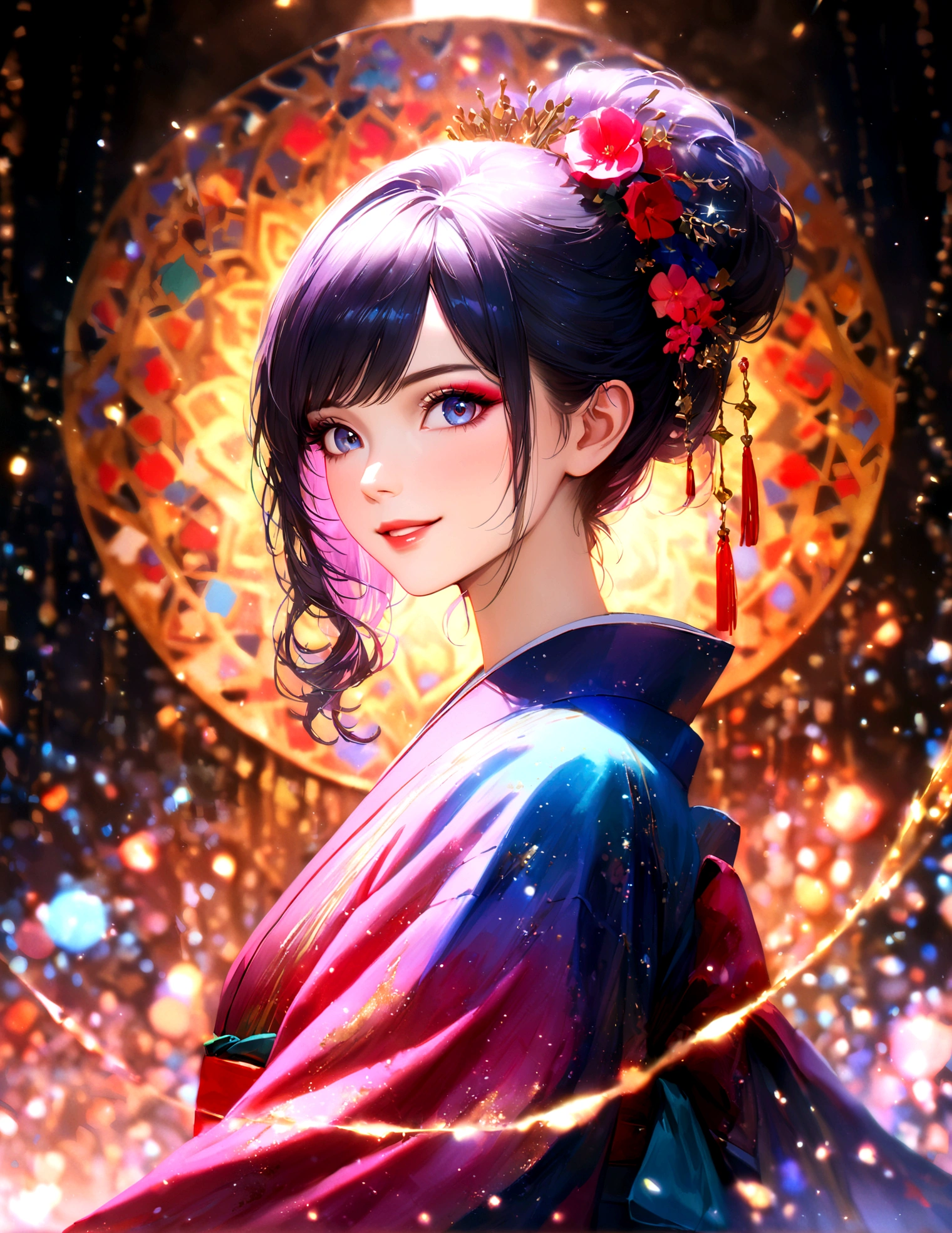 Kyoto, kimono,Maiko makeup,Blur the background,young woman,smile,Glitter effect,Highest quality,8K, High resolution, masterpiece:1.2, Very detailed, Realistic:1.37, High resolution, 超High resolution, Ultra-fine painting, Very detailedな, Vibrant colors