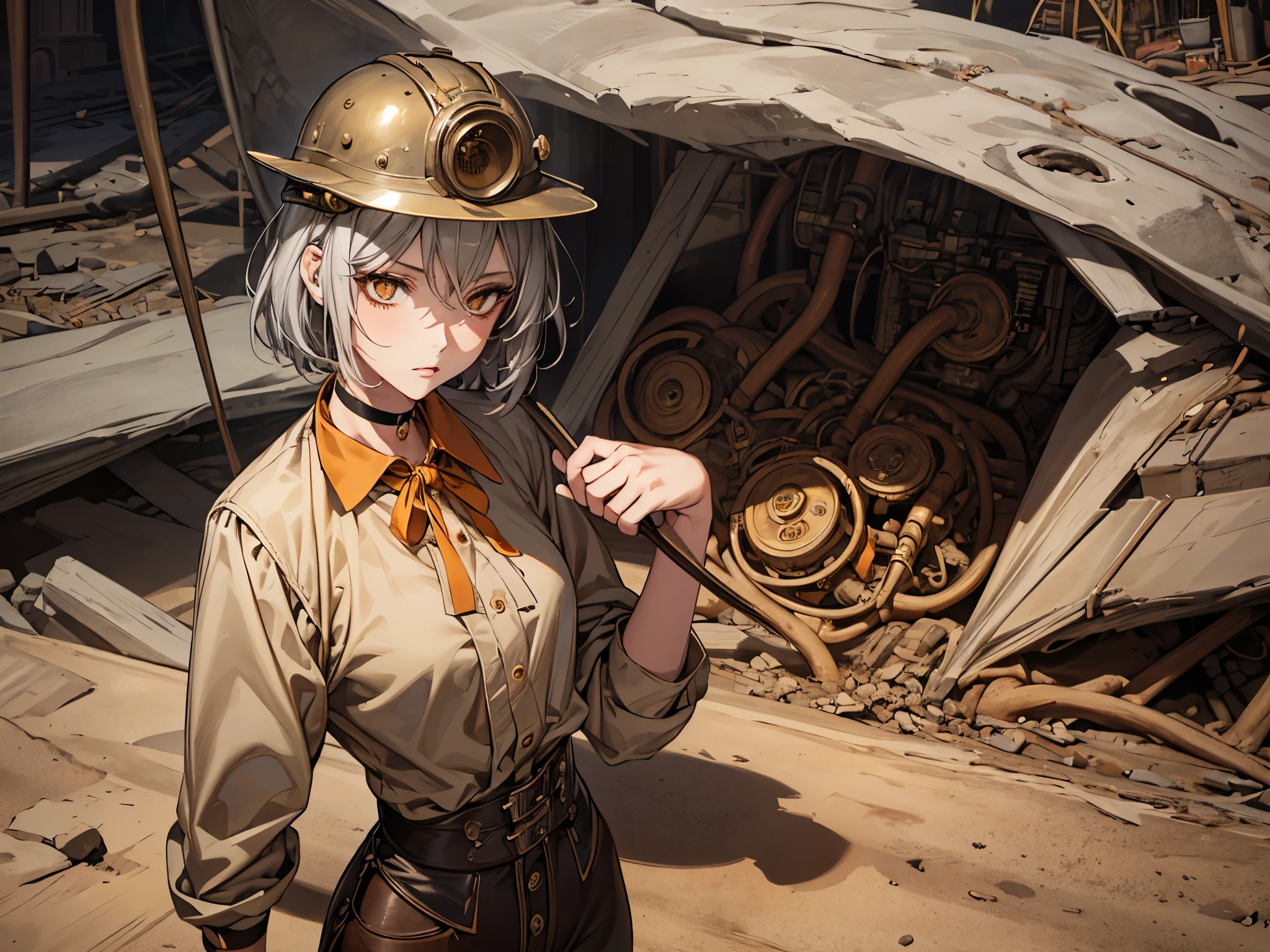 masterpiece, Highest quality, Perfect Face, Highest Resolution, Highest quality,Detailed depiction of the eyes, 1 girl, young, slender body, Short, deep tan skin, slate gray hair, short hair, upturned eyes, Yellow Orange eyes, Perfect Anatomy, steampunk, ribbon choker, helmet, Work clothes, mine, pit road, Excavation, is investigating