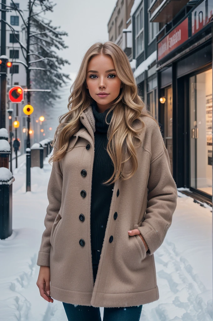 professional portrait photograph of a gorgeous Norwegian girl in winter clothing with long wavy blonde hair, sultry flirty look, gorgeous symmetrical face, cute natural makeup, wearing elegant warm winter fashion clothing, ((standing outside in snowy city street)), stunning modern urban environment, ultra realistic, concept art, elegant, highly detailed, intricate, sharp focus, depth of field, f/1. 8, 85mm, medium shot, mid shot, (((professionally color graded))), bright soft diffused light, (volumetric fog), trending on instagram, hdr 4k, 8k