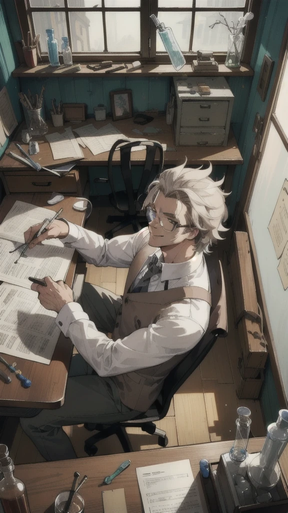 masterpiece, best quality, 1 male, adult, tall muscular, handsome, complicated laboratory, mad scientist, messy hair, forehead, glasses, wooden wall, desk full of junk, test tube, bottles, Window, sit on chair, hold test tube, evil smile, from side|from above