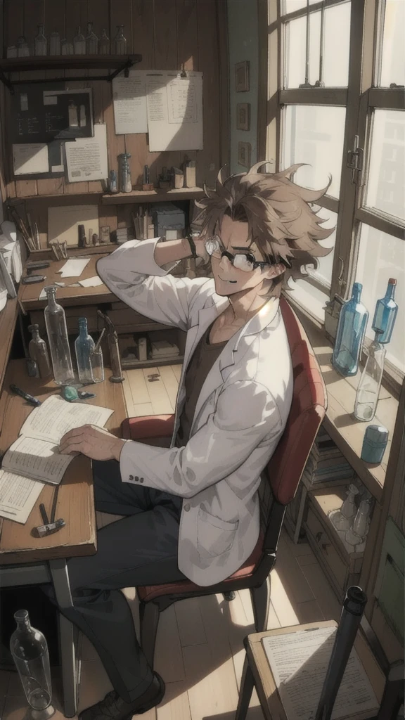 masterpiece, best quality, 1 male, adult, tall muscular, handsome, complicated laboratory, mad scientist, messy hair, forehead, glasses, wooden wall, desk full of junk, test tube, bottles, Window, sit on chair, hold test tube, evil smile, from side|from above