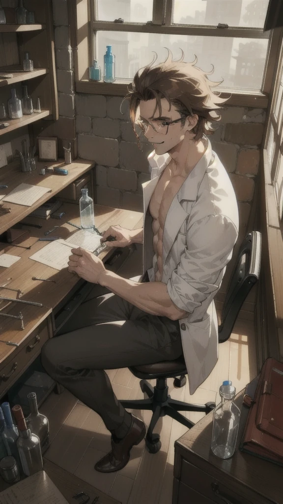 masterpiece, best quality, 1 male, adult, tall muscular, handsome, complicated laboratory, mad scientist, messy hair, forehead, glasses, wooden wall, desk full of junk, test tube, bottles, Window, sit on chair, hold test tube, evil smile, from side|from above