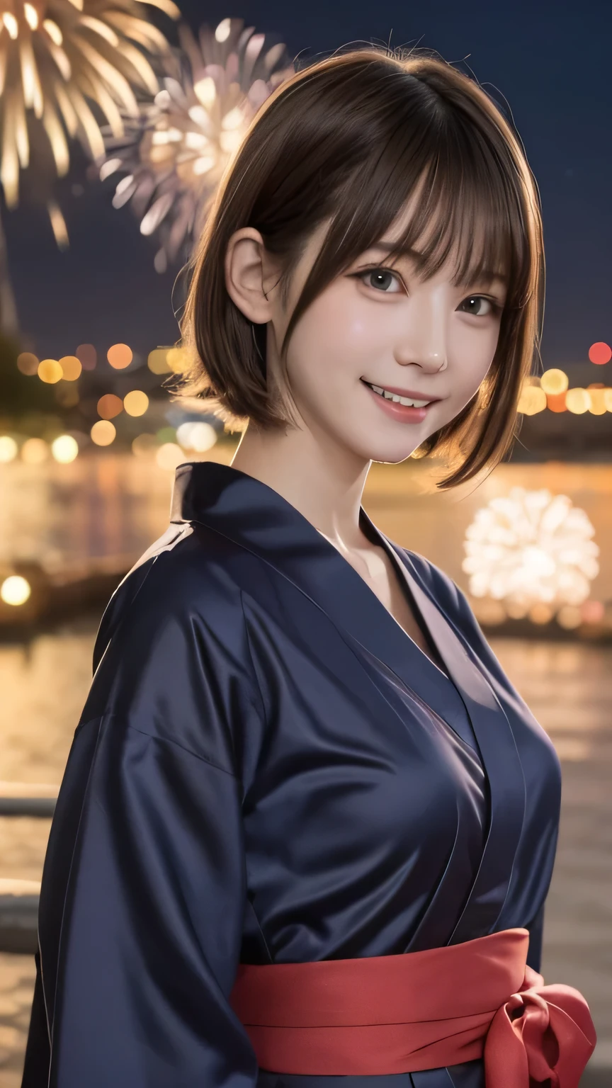 ((highest quality)), Realistic, Very detailed, In detail, ((High resolution)), 8K,((smile)),(cowboy shot),Beautiful, well-shaped eyes,(Korean women),((Idol,gravure,sexy)),Beautiful Skin,Detailed face,(Glamour),short hair,Brunette colored hair,20th Generation,Glamour system,Bust size: 87cm,Neat stenosis,((Ginzan Onsen Town at night))、necklace、Earrings,((Street lamp))