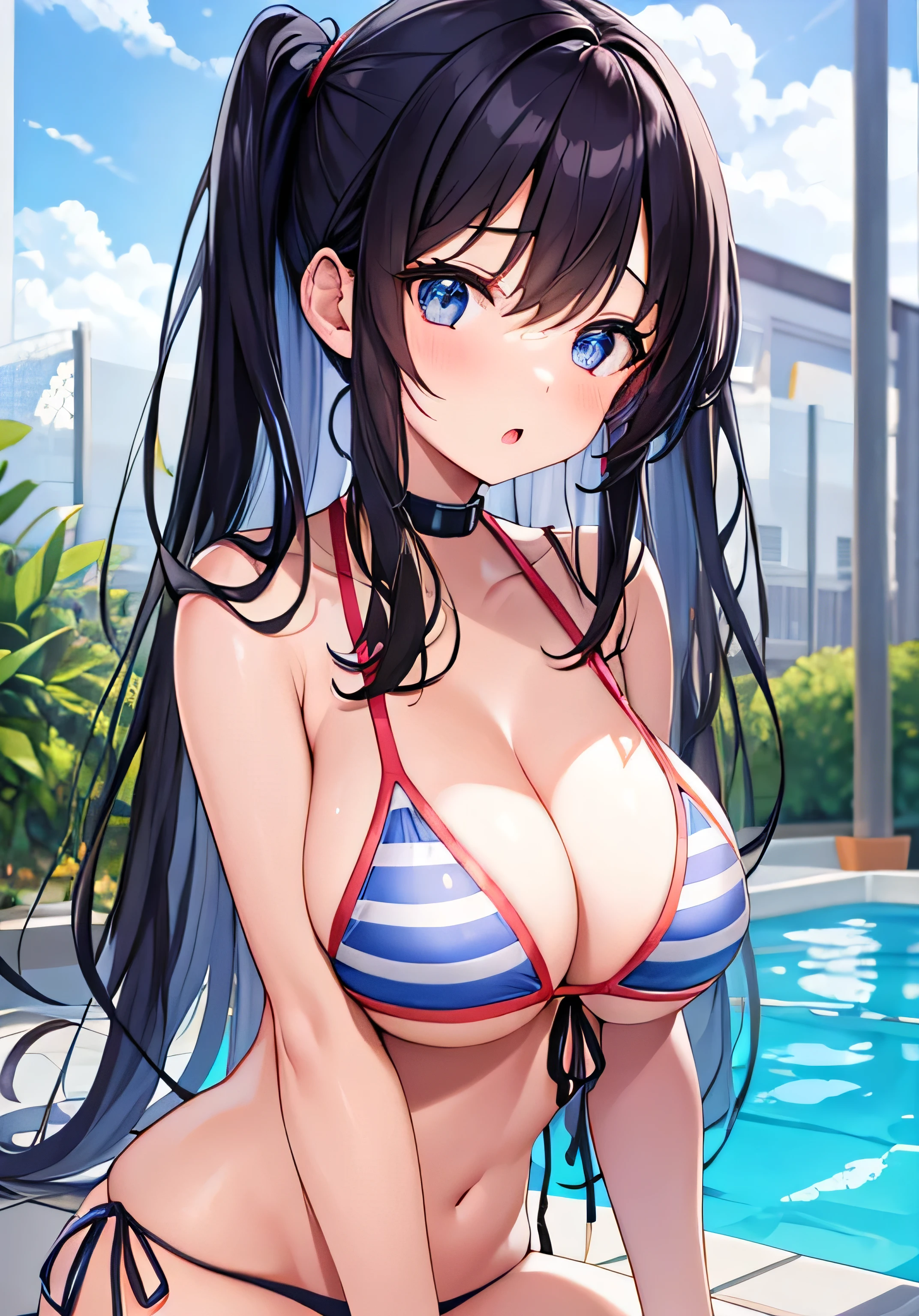 masterpiece、Highest quality、Ultra-high resolution、nsfw、age girl with big breasts、twin tail hairstyle、black hair、Red face、shyly、open your mouth just a little、blue striped bikini、her cleavage、sit on a poolside、outdoor pool of a resort hotel