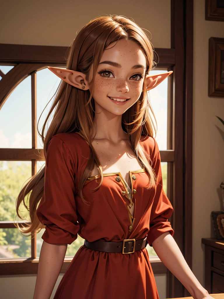 (best quality), 1girl, female, honey toned skin, chestnut hair, long hair, slightly wavy hair, brown eyes, perfect eyes, freckles, (elf), pointed ears, red dress, , slender, small bust, smile, masterpiece, anatomically correct, highres
