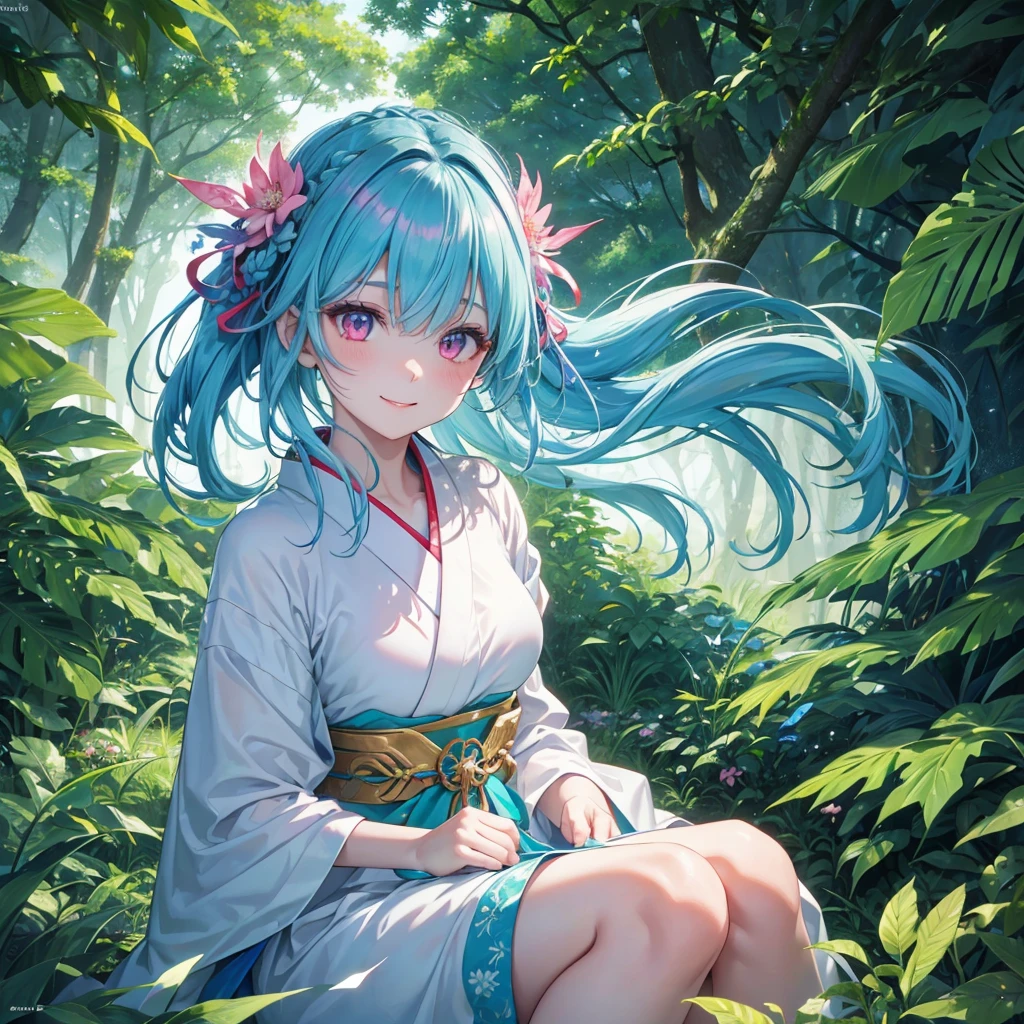 sky Blue hair, (braided ponytail),(pink eyes),fair skin ,(full body),1 girl,happy smile,white red kimono,Fresh green forest,Forest Goddess,Straight Bangs,(masterpiece, best quality, ultra-detailed, best shadow), (detailed background), (beautiful detailed face), high contrast, (best illumination, an extremely delicate and beautiful), ((cinematic light)), colorful, hyper detail, dramatic light, intricate details,guardian of the forest,Leaf Blizzard,