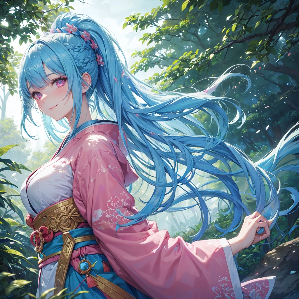 sky Blue hair, (braided ponytail),(pink eyes),fair skin ,(full body),1 girl,happy smile,white red kimono,Fresh green forest,Forest Goddess,Straight Bangs,(masterpiece, best quality, ultra-detailed, best shadow), (detailed background), (beautiful detailed face), high contrast, (best illumination, an extremely delicate and beautiful), ((cinematic light)), colorful, hyper detail, dramatic light, intricate details,guardian of the forest,Leaf Blizzard,