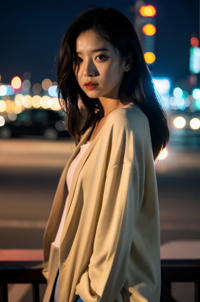 (Cinematic Aesthetic:1.4) Photo of a beautiful korean fashion model bokeh city night
