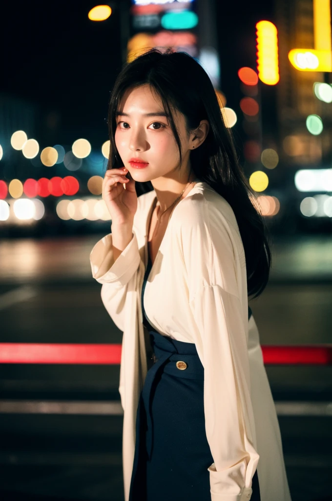 (Cinematic Aesthetic:1.4) Photo of a beautiful korean fashion model bokeh city night