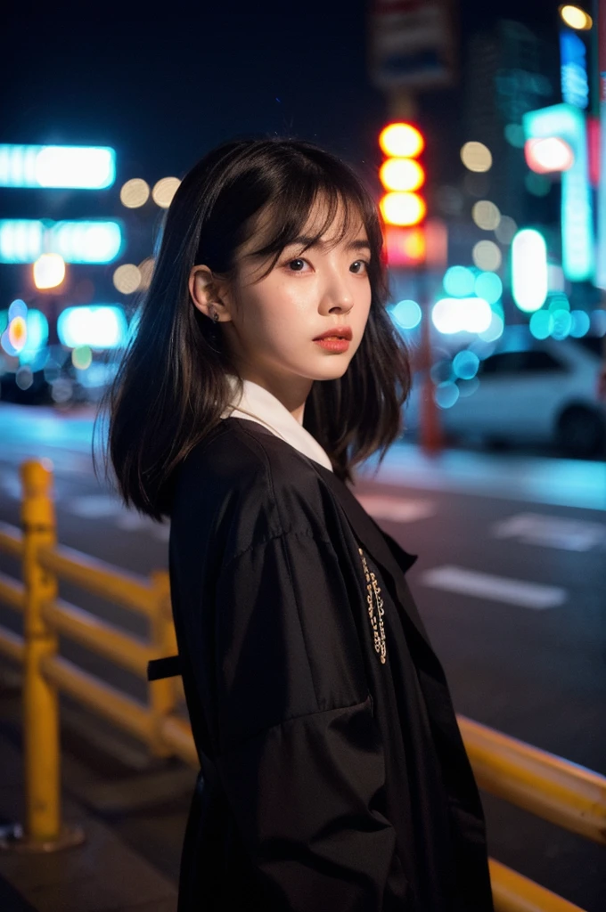 (Cinematic Aesthetic:1.4) Photo of a beautiful korean fashion model bokeh city night