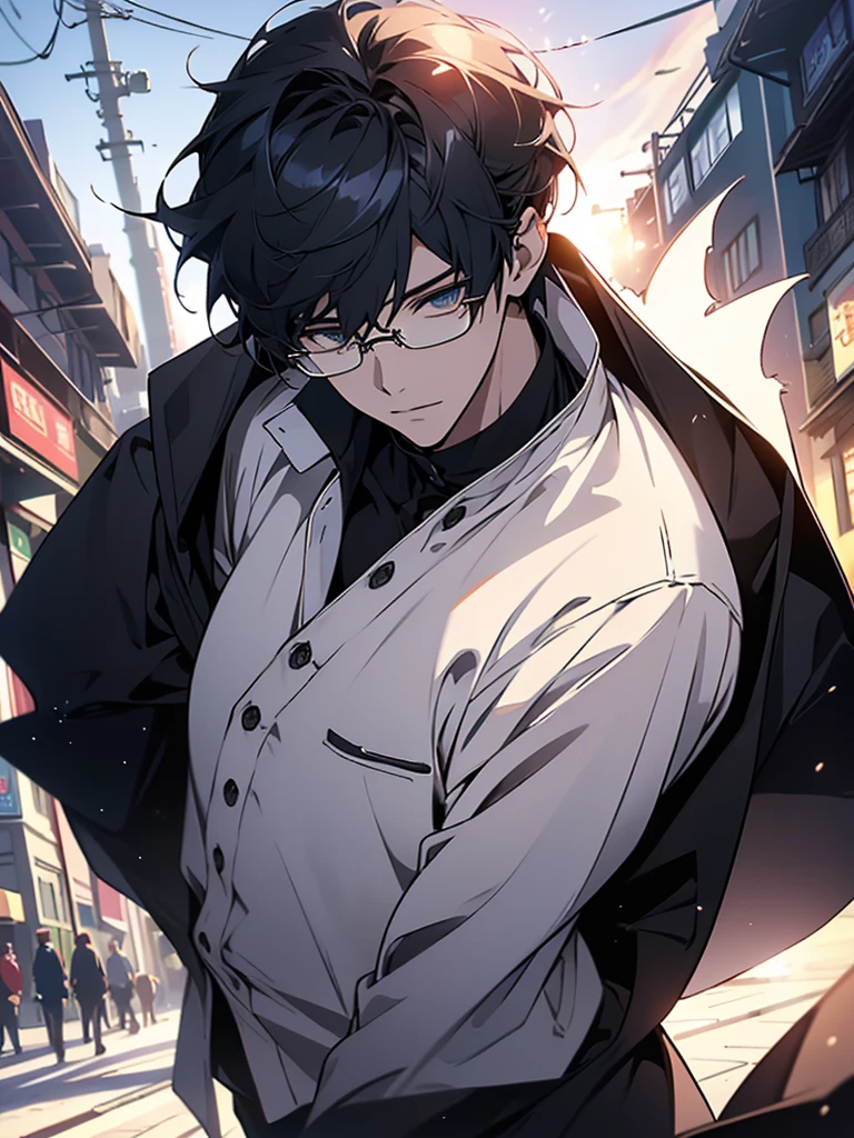 (highest quality、masterpiece、High resolution、8K、detailed)、(Shining eyes)、(cool young man、good looking)、(black rim glasses)meinan、Kirasta、beautiful anime、In town、dynamic angle