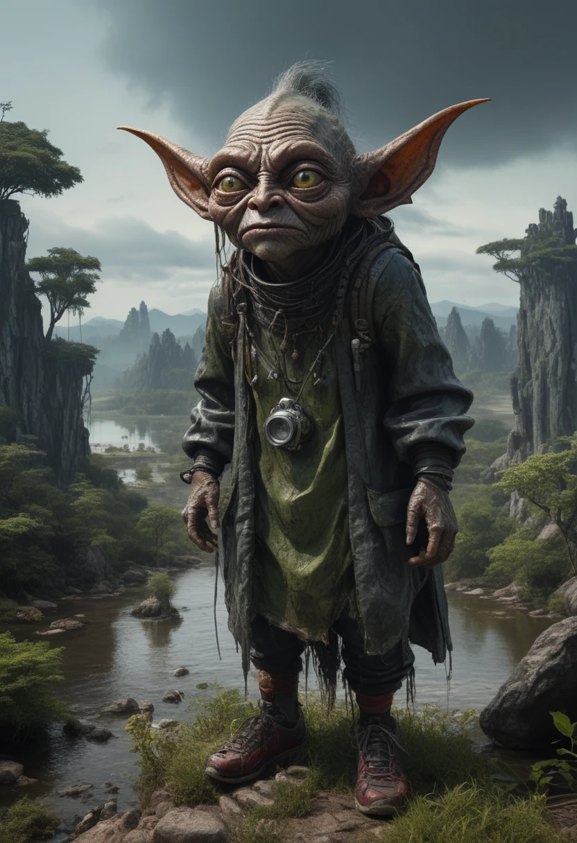 full-body-shot,Very tall , who can't fly,Cinematic, Technicolor,natural skin textures, hyper realisitc, hyper detailed,Extremely detailed,High contrast,Realistic,Chalsedoon goblin, back view,full body length,evil ghost,Hobgoblin,pretty face,intricate details,realistic humid skin,extremely intricate details,anatomically correct, eyes extremely detailed, high detailed eyes,High contrast,Ultra HD,Retina,HDR,photo,photorealism,Masterpiece, natural skin textures, hyper realism,hyper detailed,High contrast,(HDR:1.4),Realism,Ultra Detailed,irina yermolova, close full body shot,16K resolution,RAW, Nikon Z9,Paul Zizka,full body length,niobium goblin,native irish,pretty face,eyebrow up,full body shot,ominous landscape,niobium gray atmosphere,by art Simon Stalenhag,Nicola Samori,(((Wangechi Mutu))),prime colors,urban,extremely detailed,masterpiece,intricate details,faded,eyes extremely detailed, high detailed eyes,4k resolution,islands levitating above ground, Nikon Z9,scary village,stalker,Stone Forest in Yunnan Province of China