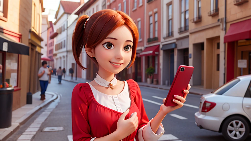 work of art, best quality, a smiling woman wearing a red blouse showing her cell phone screen