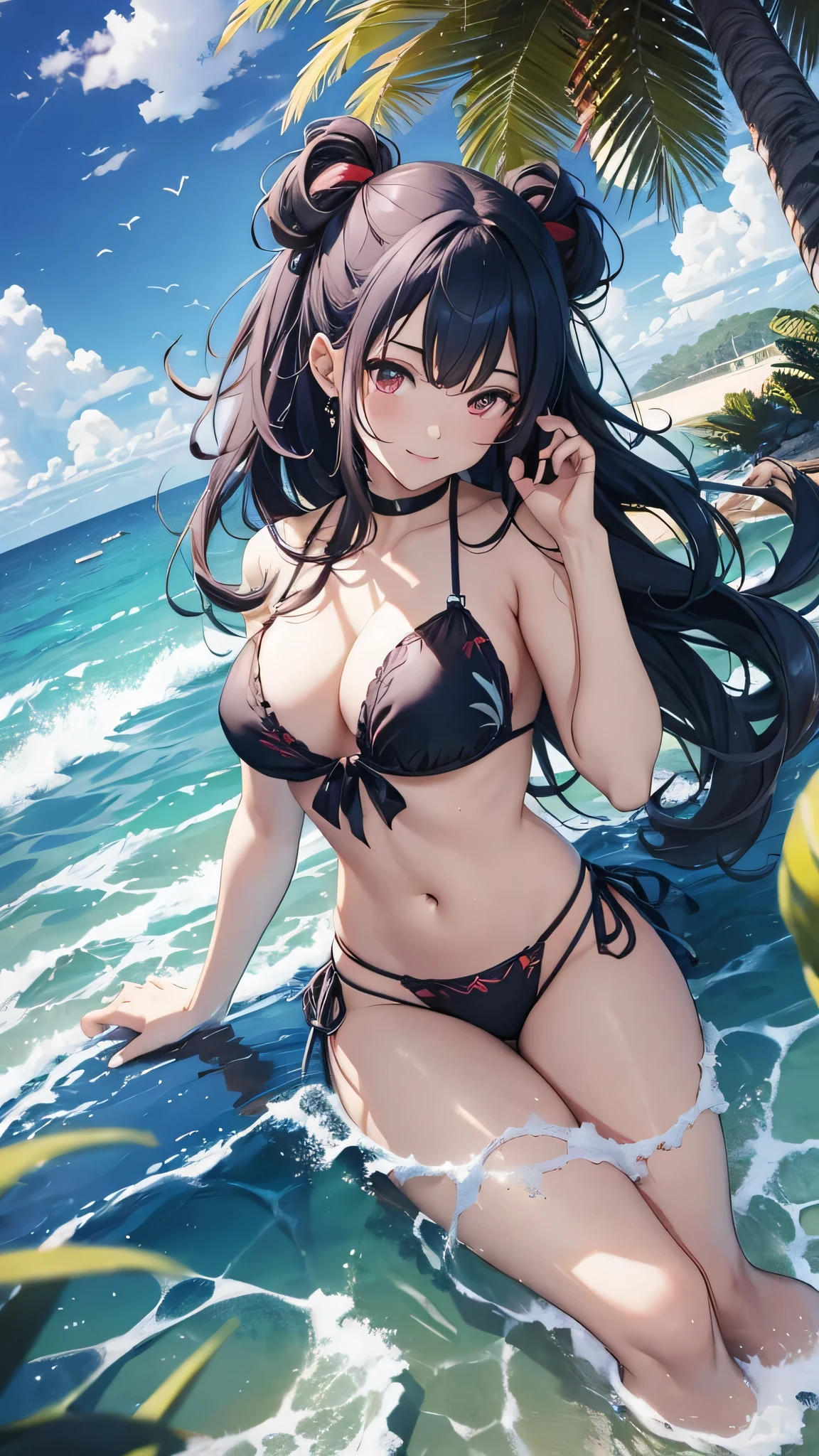 Highest quality、Highest quality、Masterpiece、girl((20-year-old、as soon as、Highest Bust、Medium Bust、Wide open chest、Red glowing eyes、Light Blue Hair、Disheveled Hair、Loincloth、thin、The best valley、Open chest、Full body view、Colorful Bikini、Smile、Leaning forward greatly))、high quality、Beautiful Art、background((Ocean、Wave、beach、Palm tree))、flight、Flying Debris、Depth of text、movie、Visual Arts、Perfect Art、8K、Genuine、