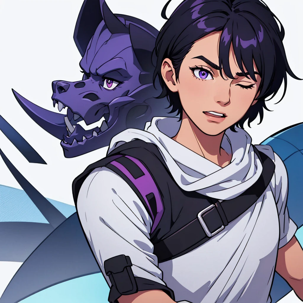 full face visible, looking towards camera, looking forward, short black hair, highres, high resolution, masterpiece, talking, neutral face, confident, masterpiece, best quality, highres, 1 man, 1 person, 1 entity, Baro Shoei blue lock, extremely short hair, black hair, short hair, teenager, colorful hair, light background, full body, teenager, colorful parts, symbols, dark , bold, realistic mixing dark lines and loose lines, bold lines, on paper, human man, full body, imposing pose, stylish outfit, dark theme, handsome, attractive, boastful, standing, male, sharp chin, wide jaw, square face, white background, highres, high resolution, masterpiece, eyews closed, eyes shut, no eyes, eyes gone