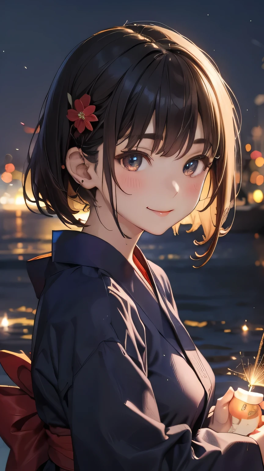 closeup shot , Best picture quality (8K, high resolution, Masterpiece: 1.2), super detailed,  215 Short Hair, 16-year-old woman, 

situation: With the moment when a large firework explodes into the night sky as a backdrop、Posing for the camera。
clothing: Brightly colored yukata、band、can。Match your hair ornaments and accessories to your yukata。
angle: With the moment when fireworks spread across the night sky as a backdrop、Photographing a yukata from a wide angle。Close-up of face and pose illuminated by fireworks lights。Beautiful contrast between the fireworks and the yukata。

Close-up of face 

, random cute pose ,big eyes ,Puffy eyes ,  Heart Pupil, blush  , huge shy smile , salute
