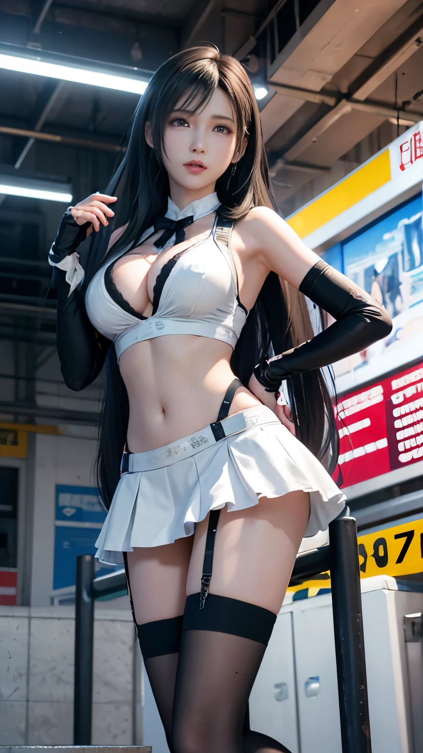 8K resolution, masterpiece, Highest quality, Award-winning works, unrealistic, tifa lockhart, 20-year-old, sexy college school girl, black long hair, beautiful Perfect Face, Soft Skin, Perfect Face, Yasutomo Oka's painting style, 165cm tall, Three sizes are 92/60/88, lime green uniform, white silk camisole, deep Cleavage, skyblue very long skirt with many pIeats, black garter belts, knee high socks, black pumps, details, Splash screen,Sharp eyes, crystal blue eyes, pink lips, BREAK, White Silver, dynamic sexy poses, Sweat, Strong winds, standing alone on station platform, waiting for train coming