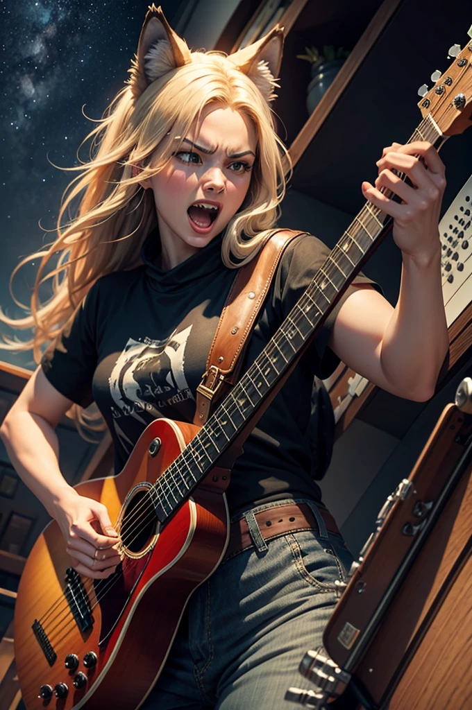 the animal wolf with an aggressive screaming facial expression plays the guitar in a classic Hatfield style, and a three-quarter golden ratio shot in the left cabinet and against the night sky