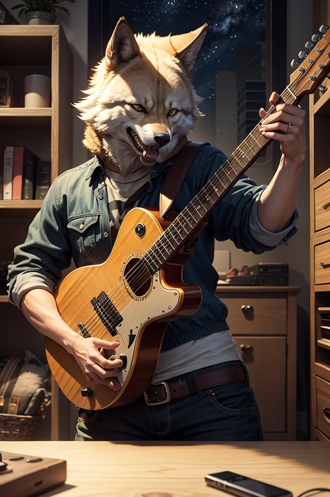 the animal wolf with an aggressive screaming facial expression plays the guitar in a classic Hatfield style, and a three-quarter golden ratio shot in the left cabinet and against the night sky