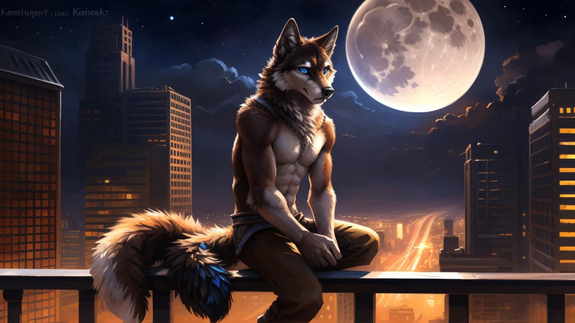 ((Solo)), male people, anthro wolf, (Multi-colored fur, White-brown:1.3), ((Wolf face, Big eyes, White eyelids, Blue pupil, Slim:1.2) (Tough, Calm expression:1.2)), (Height 2.1 meters,Tail length 1.5m), Abs, Slim, pinging, (Correct anatomy), (Contour bone:1.2), The upper body is naked, (detailed outfits), a long large tail，Feet，(Realistic fur, Detailed fur texture, labeled:1.3)), (Natural lighting), Photorealistic, Hyperrealistic, ultradetailed, by Kenket，In the modern city，Roof，the night，Sit alone，Look at the full moon，It was dark，Starry