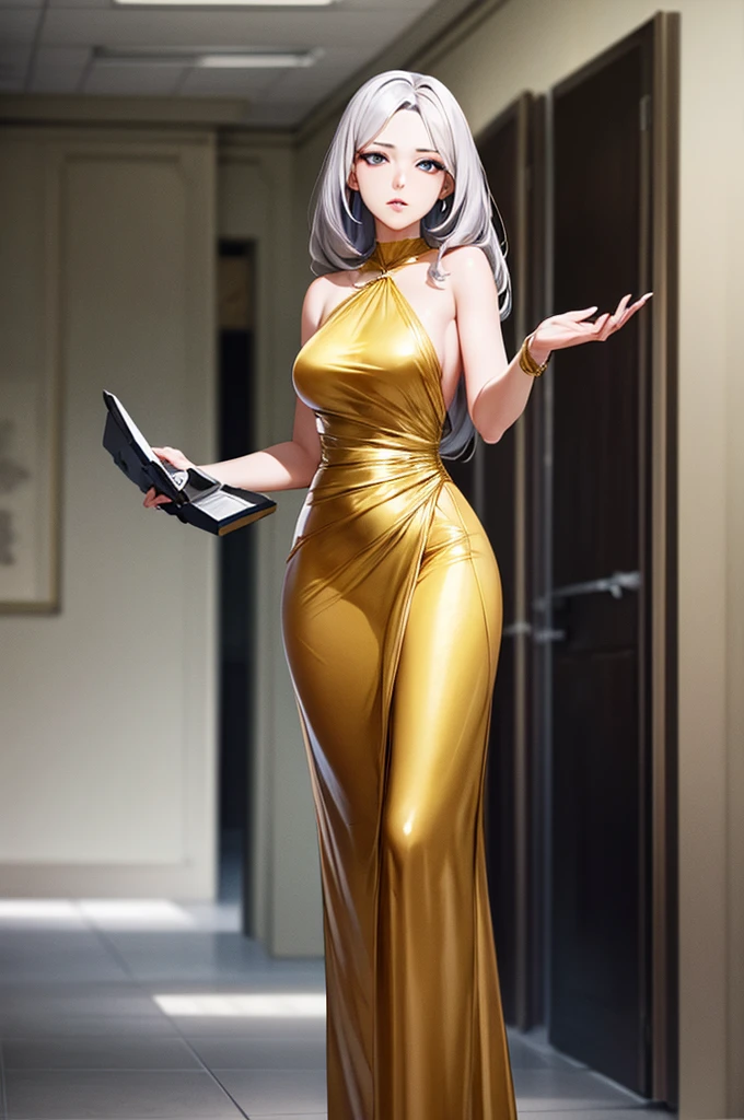 tall girl standing, milf, long hair, light brown hair, long gold dress, bare shoulder, yellow eyes, full body, slit, medium breast,