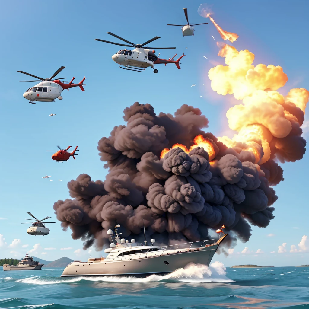 A boat is on fire and a military helicopter flies over it.