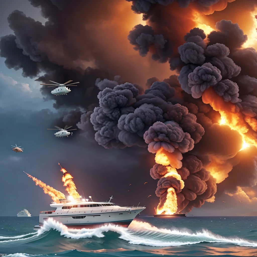 A boat is on fire and a military helicopter flies over it.
