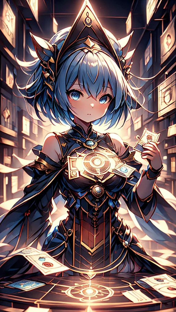 Cards，There are many cards floating in the sky，Girl holding cards，Girl holding a card，Fantasy style，Magic Style，Sci-fi style，Magic Style的背景，Modern urban background，Magic pattern，magical circle，Cards floating in the sky，Cards floating in the background，Upper body close-up，Close-up above the waist，背景中有很多Cards floating in the air，Cards floating in the air，Tarot cards floating in the air