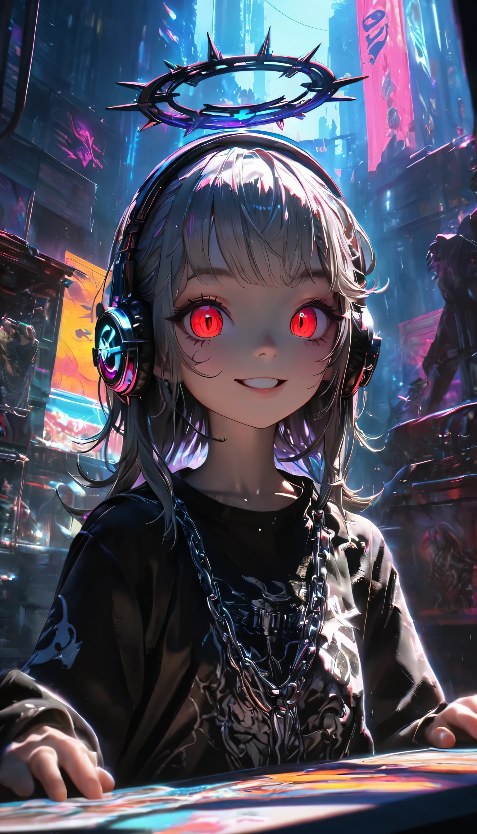 1 girl, Chromatic Aberration, Depth of Field, soft light, masterpiece, Top quality, complicated, Tone Mapping, Very detailed, Art Station, concept art, Smooth, Clear focus, Dramatic Lighting, Very detailed artwork, Movie, super Practical painting, Art Station's trending, 8K, incredible shadow, Practical, (Very detailed background:1.0), whole body, View, Viewers, Very detailed portrait of one girl 1, Standing on the street corner, Heavy rain and thunder、Gloomy sky, neon and cyber punk background, she is dressed in punk clothing with silver chains and silver spikes, Her hair was dyed a delicate black,The middle part is black, She is wearing headphones, Detailed red eyes and clear pupils, The sinister aura of the halo, Smile, punk, ciber punk, Backlight.