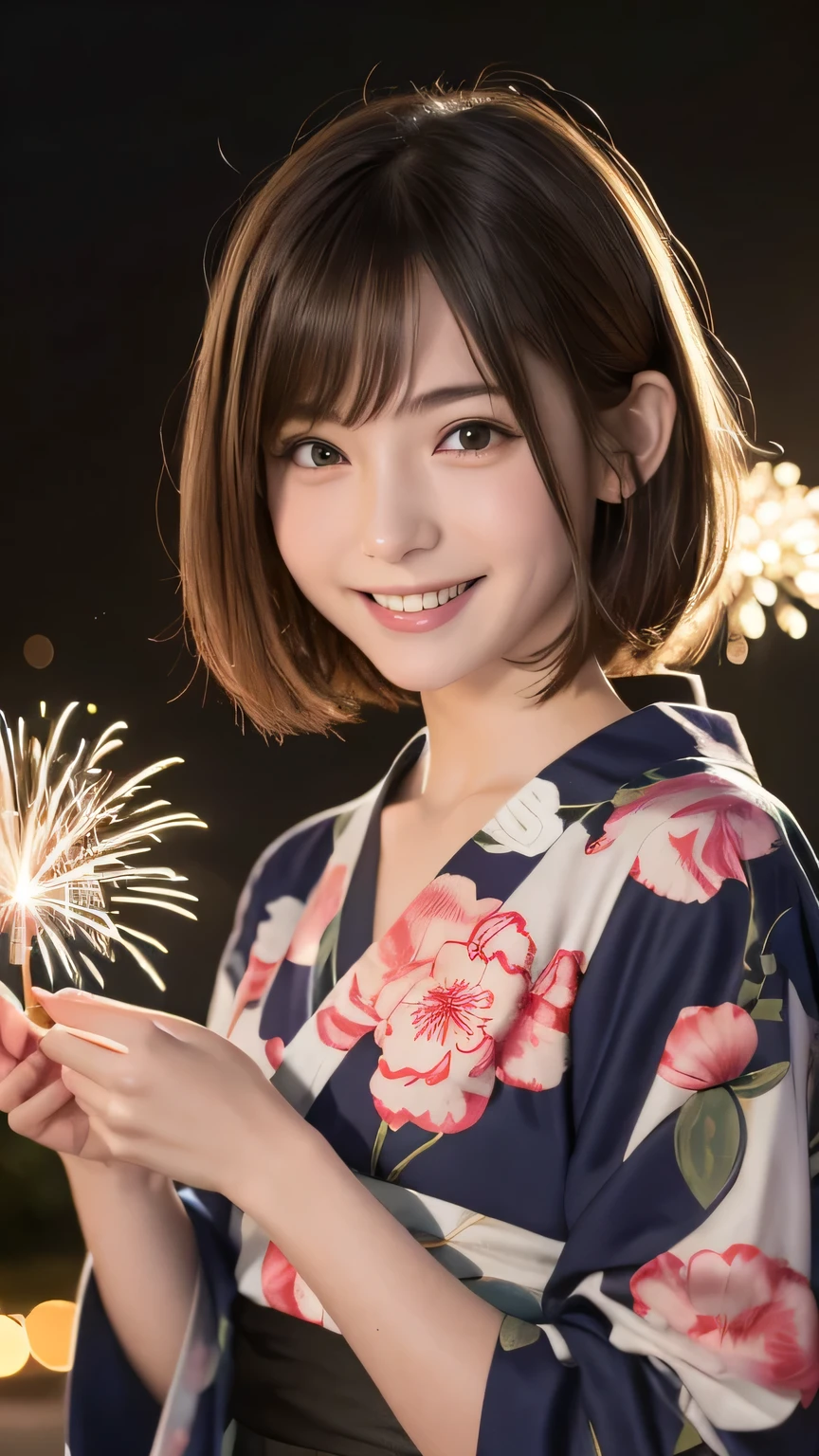 closeup shot , Best picture quality (8K, high resolution, Masterpiece: 1.2), super detailed,  215 Short Hair, 16-year-old woman, 

situation: Scenes of people enjoying hand-held fireworks on the riverbank or in the garden。Spending time gazing at the tiny lights of fireworks。
clothing: Yukata with simple design、band、can。Hair tied up loosely、In natural style。
angle: Hand-held fireworks light background、A wide angle shot of a yukata。A face staring at the sparks of hand-held fireworks、A close-up of them having fun。Reflecting the beauty of the yukata and the light of small fireworks。

Close-up of face 

, random cute pose ,big eyes ,Puffy eyes ,  Heart Pupil, blush  , huge shy smile , salute
